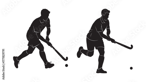 Dynamic male hockey player in action with stick and puck vector illustration