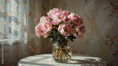 Beautiful Bouquet of Pink Peonies in a Glass Vase on a Table in Sunlight