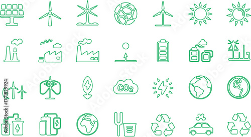Renewable energy and low emission sustainable power system line icon set including solar, wind, hydrogen and EV charging. Clean energy generation and grid infrastructure vector illustration.