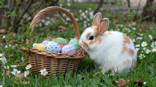 Cute Bunny With Colorful Eggs in a Sunny Garden During Easter Time