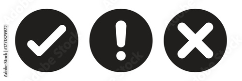 Set of flat round check mark, exclamation point, X mark icons, buttons isolated on a white background. Green check mark, exclamation point, red cross mark icon set. Vector illustration.