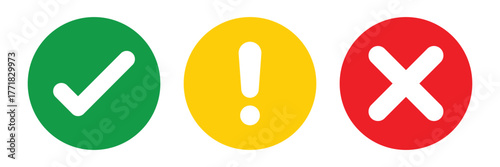 Set of flat round check mark icon vector, exclamation point, X mark icons, buttons isolated on a white background.