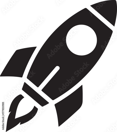 Black silhouette of a rocket ship angled upwards with flames trailing from its engines on a white background