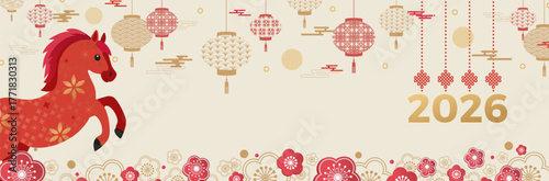 Chinese New Year 2026, Year of the Horse. Horizontal banner template featuring a horse and traditional patterns. Translation from Chinese Happy New Year, zodiac sign Horse