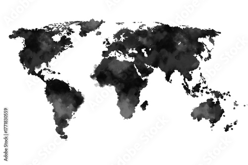 Abstract Watercolor World Map in Black Tones.