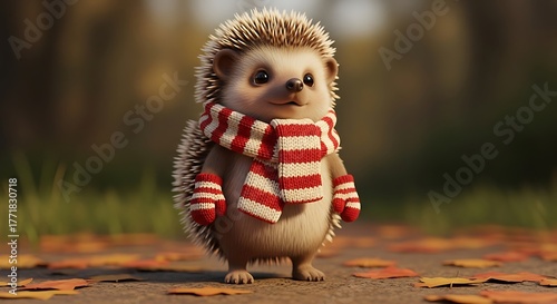A charming hedgehog wearing a red and white striped scarf and mittens, standing on a path.