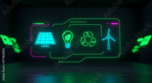 Illuminated digital display showcasing vital renewable energy icons solar panel, wind turbine, recycling, and lightbulb, symbolizing a bright, sustainable future and environmental commitment