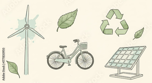 Artistic collection of hand-drawn eco-friendly elements promoting sustainable living and renewable energy solutions for a greener future, featuring a wind turbine, solar panels, and a bicycle