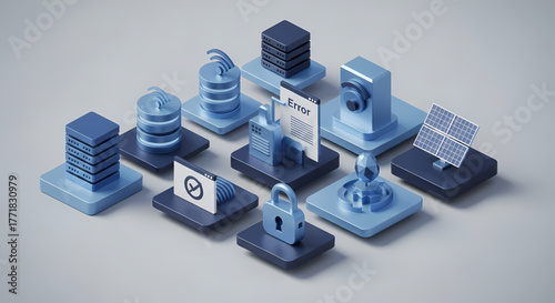 A vibrant 3D isometric collection of interconnected digital icons representing comprehensive technology, cybersecurity, data management, cloud computing, and smart infrastructure solutions