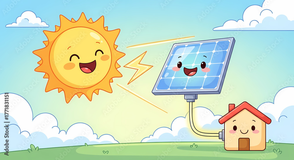 Fototapeta premium Cute cartoon sun, solar panel, and happy house illustrating renewable clean energy generation, sustainable living, and eco-friendly power solutions for a brighter future