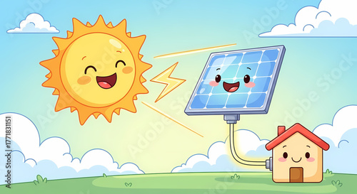 Cute cartoon sun, solar panel, and happy house illustrating renewable clean energy generation, sustainable living, and eco-friendly power solutions for a brighter future