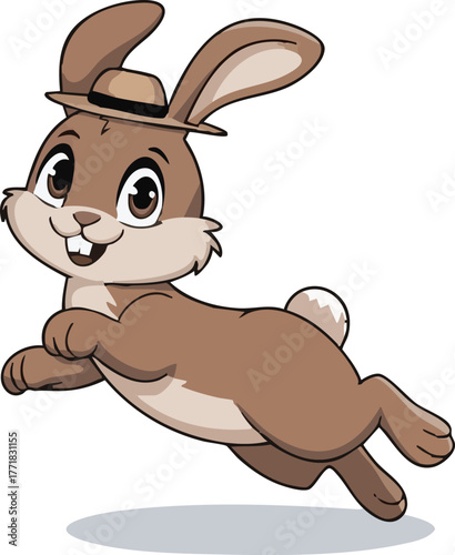 Cartoon rabbit character wearing a tiny hat running forward happily