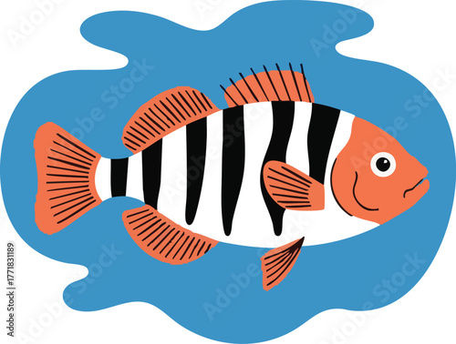 A playfully illustrated striped fish swimming cheerfully in blue water
