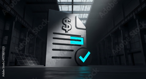 Digital visualization of financial completion A glowing checkmark affirms a successful payment document with a dollar sign, representing business achievement and met financial goals
