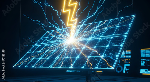 Stunning illustration of a solar panel harnessing a lightning bolt, symbolizing innovative renewable energy capture, sustainable technology, and the future of clean electricity generation