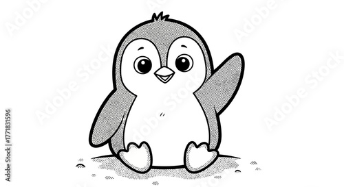 Cute baby penguin waving, adorable cartoon animal character, black and white hand drawn bird illustration, friendly arctic penguin mascot