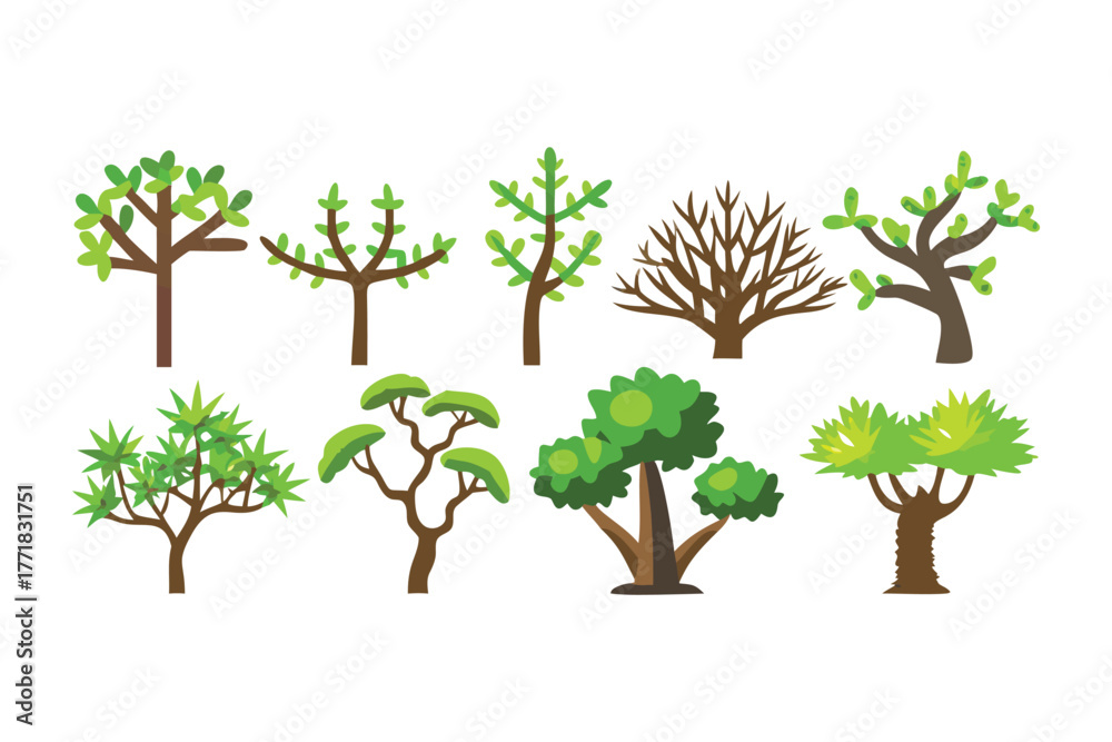 Fototapeta premium Diverse Trees: A vibrant collection of various tree illustrations, showcasing a variety of shapes and styles, bringing a touch of nature's beauty to any design.