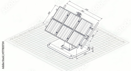 Precision blueprint illustration detailing the conceptual design and critical dimensions of a photovoltaic solar panel array, highlighting its advanced structure for renewable energy generation
