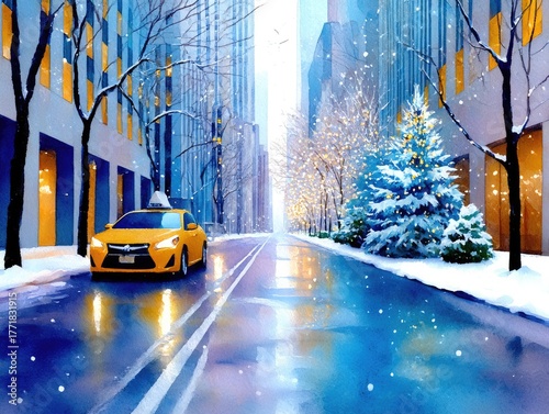 A taxi drives along a winter street in New York City past skyscrapers. Watercolor cityscape, Christmas card.