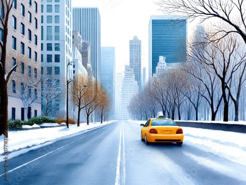 A taxi drives along a winter street in New York City past skyscrapers. Watercolor cityscape, Christmas card.