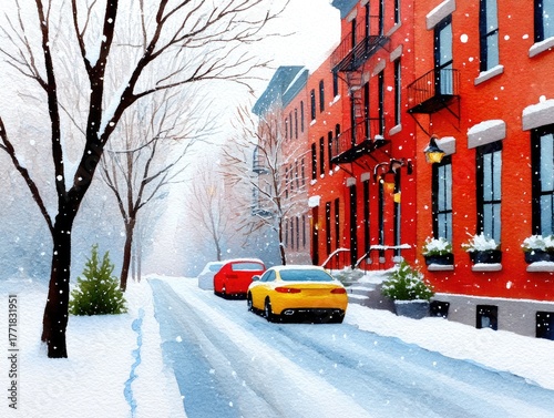 A taxi drives along a winter street in New York City past skyscrapers. Watercolor cityscape, Christmas card.