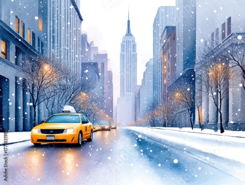 A taxi drives along a winter street in New York City past skyscrapers. Watercolor cityscape, Christmas card.