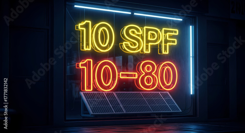 Luminous neon text displaying SPF and numerical values casts a vibrant glow over modern solar energy panels, embodying the futuristic synergy between data, safety, and renewable power solutions