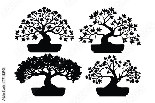 Bonsai Silhouette Collection: Four elegant bonsai trees in silhouette, perfect for designs that symbolize tranquility and nature's enduring beauty.