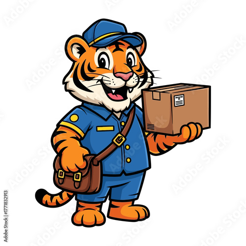 Cartoon tiger postman delivering a package, cheerful animal character in uniform with parcel box and mailbag