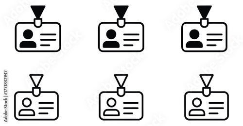 Identification badge icons set – silhouette and outline variations for employee ID, access pass, HR, security, and professional profiles 
