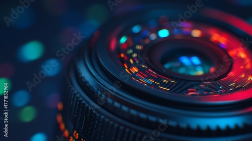 A close-up of a camera lens, showcasing vibrant colors and intricate details against a blurred, colorful background.