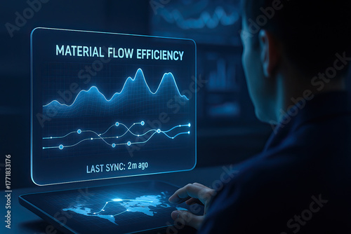 Material flow efficiency supply chain management dashboard showing analytics and map with person interacting optimistic high tech visualization