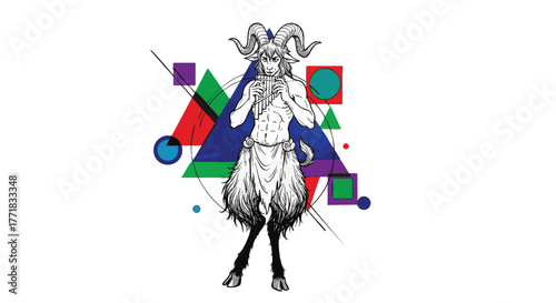 Vector line art of a mythical faun creature with a powerful physique set against an abstract composition of colorful geometric forms
