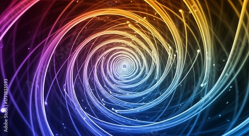 A vibrant, colorful spiral vortex of light trails against a dark background, creating a sense of motion and depth.
