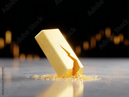 Cracked gold bar with glowing fracture, symbolizing inflation and economic instability, on reflective surface with blurred chart background