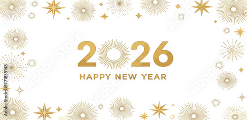 Golden 2026 Happy New Year celebration with sparkling star bursts and festive confetti on a white background