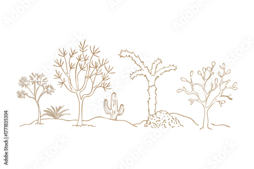 Desert Landscape Silhouette: The stark beauty of the desert unfolds in a minimalist silhouette, depicting an array of resilient cacti and trees against a blank canvas.