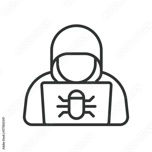 Hacker laptop icon in line design. hacker, laptop, bug, cyber, attack, malware, security on white background vector. Hacker laptop editable stroke icon