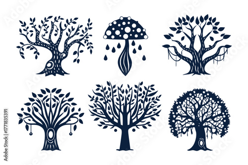 Ornate Silhouettes of Nature's Guardians: A captivating collection of intricately designed tree and mushroom silhouettes, each a unique masterpiece of organic form and artistic detail.