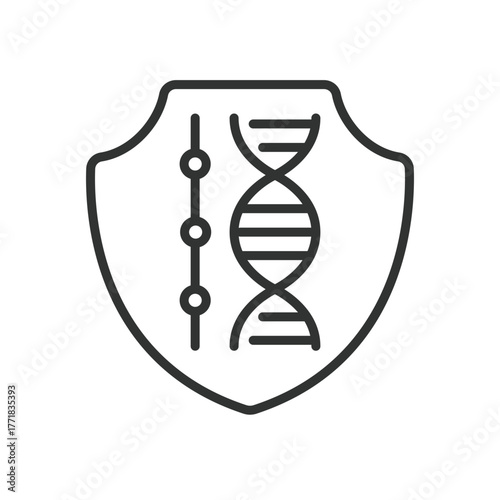 DNA shield icon in line design. dna, shield, protection, genetics, science, biology, defense on white background vector. DNA shield editable stroke icon