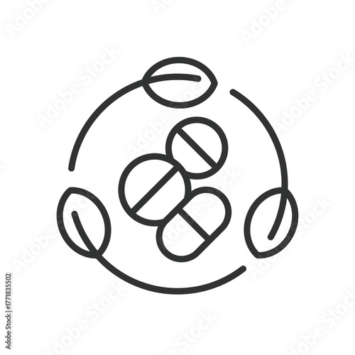 Herbal Medicine pills icon in line design. medicine, pills, drug, health, capsule, pharmacy, treatment on white background vector. Medicine pills editable stroke icon