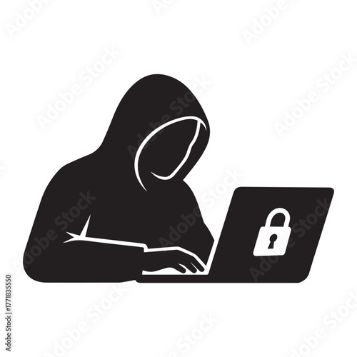 Hacker Silhouette with Laptop and Lock Icon – Cybersecurity Concept Illustration