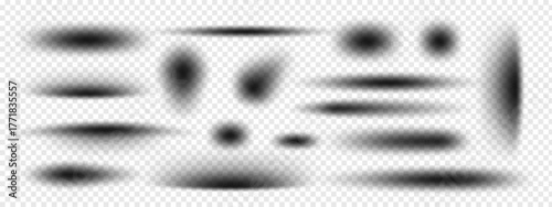 Set of realistic shadow effects. Collection with different oval, round, and linear shadows, isolated on a transparent background