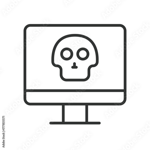 Computer skull icon in line design. computer, skull, virus, malware, danger, death, cyber on white background vector. Computer skull editable stroke icon