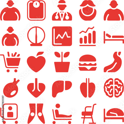Obesity Health Risks Silhouette Icon Set – BMI Chart, Body Weighing Scale, Diabetes, Cholesterol, High Blood Pressure, Fast Food, Mental Health, Vector Icons.