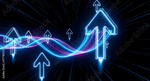 Dynamic neon arrows ascend swiftly through a futuristic digital landscape, signifying continuous progress, technological innovation, and exponential growth towards a successful future
