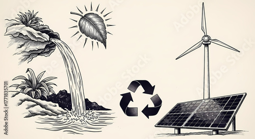 Conceptual illustration showcasing global efforts for environmental sustainability and conservation, integrating renewable energy technologies like solar panels and wind turbines