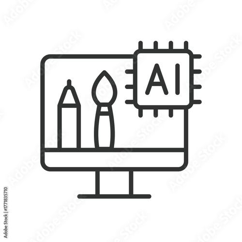 AI design monitor icon in line design. ai, design, monitor, paint, pen, artificial, tool on white background vector. AI design monitor editable stroke icon