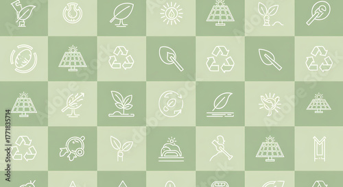 Seamless pattern of diverse outline icons depicting environmental sustainability, renewable energy, and ecological conservation, promoting global awareness for a greener future