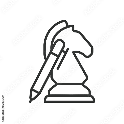 Strategy chess icon in line design. strategy, chess, knight, plan, game, decision, pencil on white background vector. Strategy chess editable stroke icon